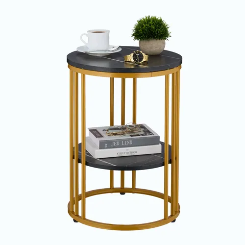 Beistelltisch Rund - Marmor mit Stauraum - Moderner Beistelltisch in Schwarz-Gold, ideal für das Wohnzimmer. Mit praktischem Stauraum und einem eleganten Design aus MDF und Eisen.