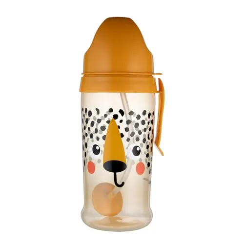 Canpol babies Auslaufsichere Trinkflasche mit Strohhalm und Gewicht 350 ml, 9 m+, 1 St., 100 % auslaufsicher, Abnehmbarer Griff, Spülmaschinen- und mikrowellengeeignet (Orange BabiesBoo Cheetah)