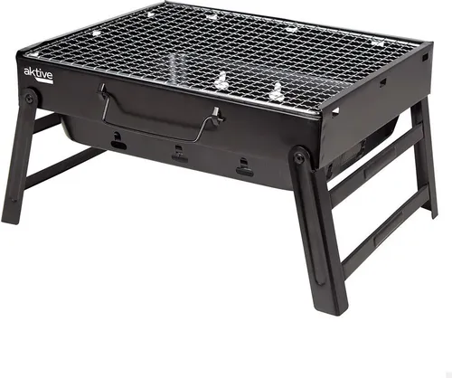 AKTIVE Tisch-Holzkohlegrill - Tragbarer BBQ Grill für Camping und Balkon - Praktischer, zusammenklappbarer Tisch-Holzkohlegrill aus robustem Stahl mit Tragegriff, ideal für unterwegs. Kompakt (40x28x20 cm) und leicht (1,156 kg) für einfaches Transportieren.