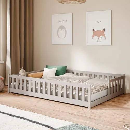 Kids Collective Kinderbett Bodenbett mit Rausfallschutz & Lattenrost Montessori Bett Bed Gitterbett Kinder Jugendbett Einzelbett | 140x200 cm | Kaschmir
