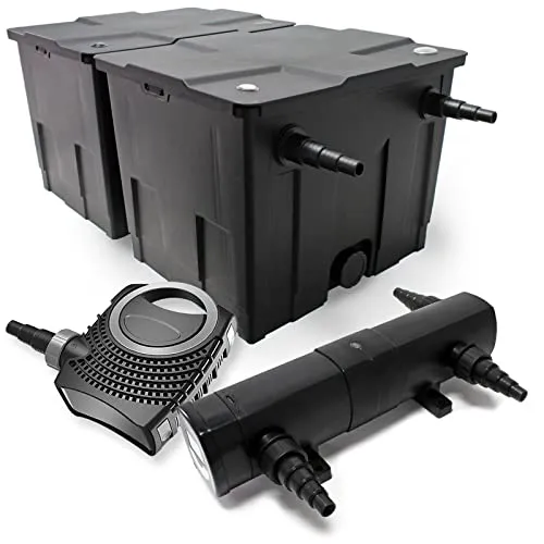 Wiltec Komplettset: CBF-350B Teichfilter bis 60000 L Teichfilteranlage als Durchlauffilter, NEO10000 SuperECO Teichpumpe 10000l/h 80W, CUV-224 Teichklärer UVC Klärer mit 24W
