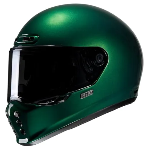 HJC V10 Integralhelm Motorrad, deep green, XL - Der HJC V10 Integralhelm vereint Stärke und Leichtigkeit mit einem Gewicht von nur 1450 g. Ideal für Motorradfahrer, bietet er Sicherheit durch die Doppel-D-Schnalle und ein Notfallset zur schnellen Wangenpolster-Entfernung.