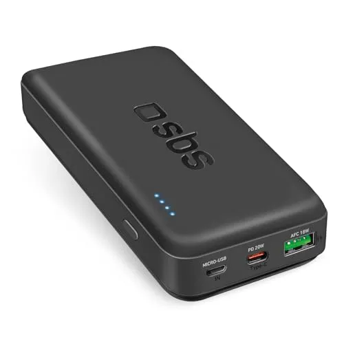 SBS PowerBank 20K Fast, 20.000 mAh Power Delivery, 20 W Schnellladung, Adaptive Fast Charge (AFC), Status-LED, USB-C, USB-A, Ladegerät für iPhone, iPad, AirPods, Samsung, Tablet, Smartphone