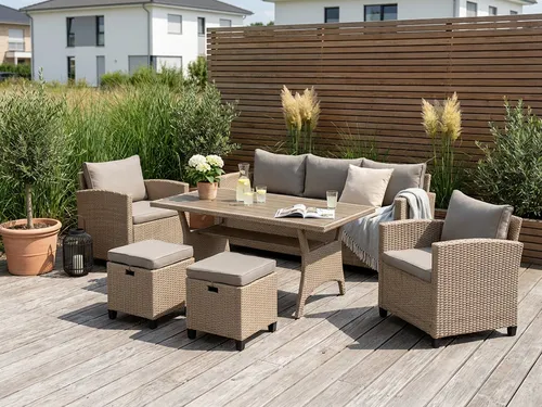 KONIFERA Gartenlounge-Set Amsterdam, 16-tlg. mit Tisch und Hockern - Garten-Lounge-Set für 7 Personen, wetterfestes Polyrattan, inkl. bequemer Auflagen und praktischer Ablagefläche unter dem Tisch.