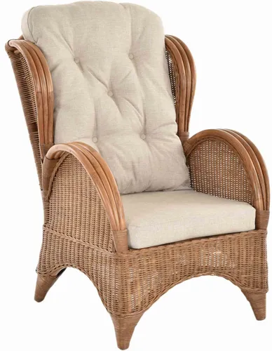 Bequemer Rattan-Ohrensessel - Hochlehnsessel in Hellbraun - Sofas & Sessel - Moderner Rattansessel mit hoher Rückenlehne und gemütlichem Kissen, ideal für Wohnzimmer und Wintergarten.