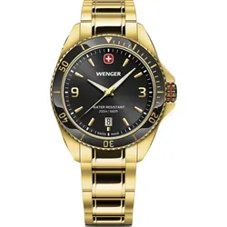 Wenger Herrenuhr Ececutive 40mm - Gold - Elegante Wenger Herrenuhr mit 40mm Gehäuse und 20ATM Wasserdichte. Swiss Made Quarzwerk, mattierte Oberfläche und Saphirglas sorgen für Qualität und Langlebigkeit.