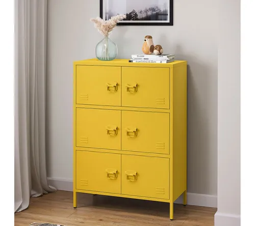 skølm Metallkommode Zandor - Senfgelb, 3-Fächer Sideboard aus Stahl - Vielseitiger Wohnzimmerschrank mit 3 breiten Fächern, robustem Stahl und praktischem Magnetverschluss für modernes Loft-Design. Ideal für stilvolle Aufbewahrung im Wohnzimmer oder Büro.