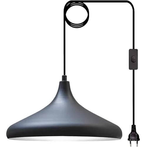 bamyum Champion Hängelampe Schwarz Weiß 35 cm - Hängeleuchte mit Stecker, 450 cm Kabel und E27 Fassung, ideal für eine stilvolle Beleuchtung in Küche, Wohnzimmer oder Restaurant.