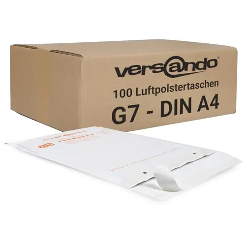 versando 100x G7 Luftpolsterumschläge 230x340mm - Verpackung & Versand: 100 flexible Luftpolsterversandtaschen für sicheren Versand von DIN A4 Produkten. Ideal für Großbriefe und Warensendungen, mit zusätzlicher Lochung für Musterbeutelklammern.