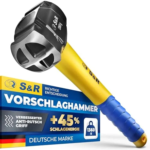 S&R Kombi Fäustel, kleiner Vorschlaghammer mit Doppelkopf, Kreuz- und Flachseite, Kopf-Gewicht 1360 Gr, rutschfester handschonender 2-K Fiberglas-Griff, hitzegehärtet, geschmiedet, Vorschlag Hammer