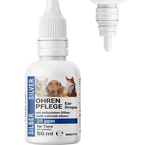BMUT Ohrentropfen für Hunde & Katzen mit kolloidalem Silber - Ohrenpflege für Hunde und Katzen, unterstützt effektiv bei Ohrenentzündungen und Juckreiz mit stabilisierten Silber-Kolloiden. Einfach anzuwenden mit integrierter Dosierspitze.