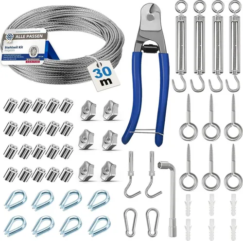 Wohnmobil Zubehör Kabelschloss 30 m Stahlseil Set 3 mm Edelstahl Drahtseil M5 Seilspanner Wandhaken Stahlseil mit ösen Rankhilfen für Kletterpflanzen