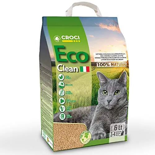 Croci Eco Clean Litter 6 L – klumpende Katzenstreu, biologisch abbaubar, spült in der Toilette, 100 % pflanzlich, langlebiger geruchshemmender Sand