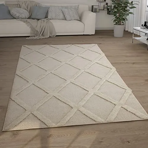 Paco Home Hochflor Teppich 3D Optik Ethno Boho Vintage Look - Teppich in Creme (160x220 cm) mit 3D Optik, schadstoffgeprüft und perfekt für ein gemütliches Wohnambiente. Ideal für alle Räume, auch fußbodenheizung geeignet!
