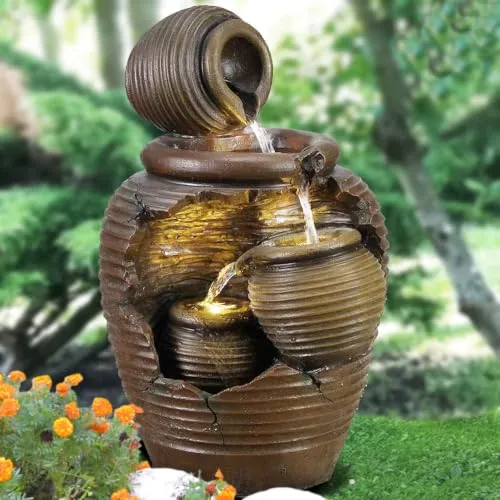 Gartenbrunnen Brunnen Zierbrunnen Zimmerbrunnen Springbrunnen Brunnen 4-Amphoren mit LED-Licht 230V Wasserfall Wasserspiel für Garten, Gartenteich, Terrasse, Teich, Balkon Sehr Dekorativ