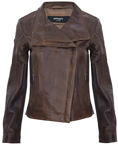 Damen Braun Echtlederjacke Classic Motorradfahrer Style Schal XL
