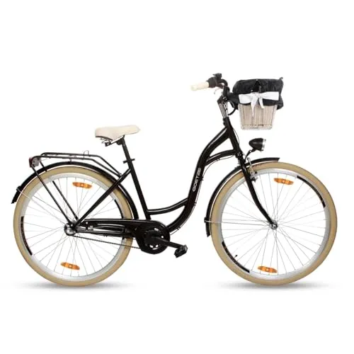 Goetze Style 28 Zoll Damen Citybike, 18 Zoll Tiefeinsteiger, 3-Gang Nabenschaltung, Rücktrittbremse und V-Bremse, LED-Beleuchtung, Rattankorb, Komfortsattel, mit Seitenständer & Klingel