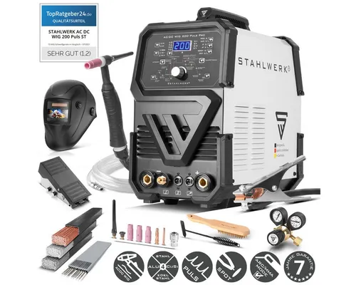 STAHLWERK AC/DC WIG 200 Puls Pro - Digitales Schweißgerät - Schweißgerät für Aluminium und Dünnblech, mit 200 Ampere, Job-Speicher und IGBT-Technologie für präzises WIG-Pulsschweißen und hohe Qualität.