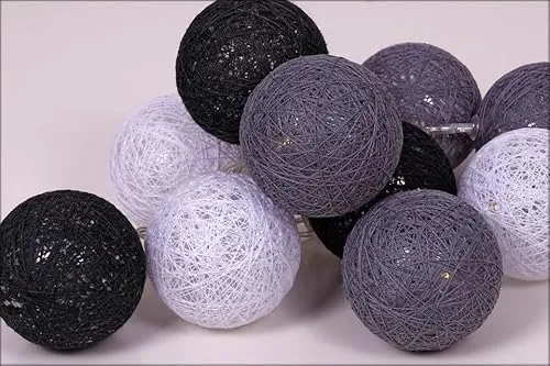 LED Lichterkette mit 10 Raphia Kugeln - schwarz/weiß/grau - Deko Beleuchtung mit Baumwollkugeln - Tischdeko Weihnachtsdeko Stimmungslicht