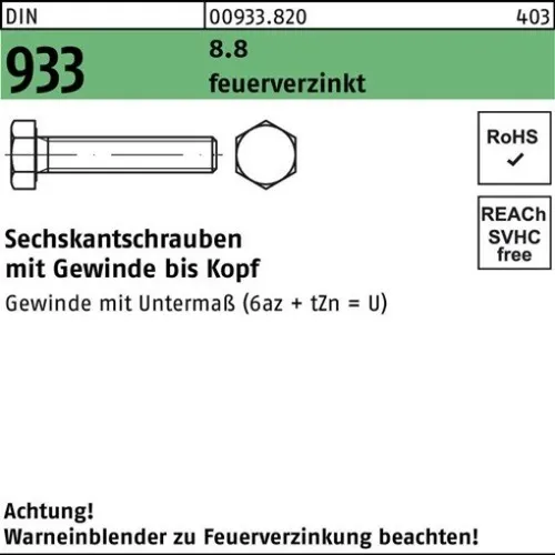 200er PACK(Stk) 000933082000080012 Sechskantschraube DIN 933 VG M 8 x 12 8.8 fe