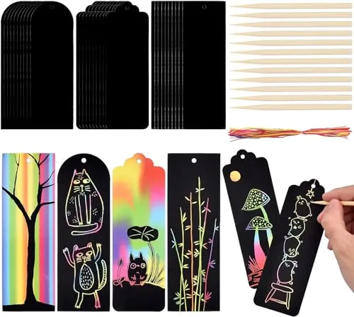 Stück Kratzbild Lesezeichen Set Kratzbilder für Kinder Kratzbilder Lesezeichen Magic Regenbogen Scratch Papier mit 30 Bändern und 12 Stäbchen für Geburtstag Bastelbedarf DIY Geschenkanhänger 30