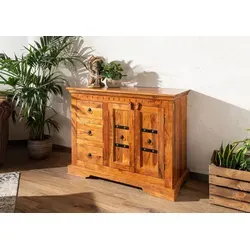 Kommode OXFORD aus Akazie 106x50x85 honig lackiert - Elegante Kommode im Kolonialstil aus hochwertigem Akazienholz, ausgestattet mit 3 Schubladen und 2 Holztüren. Ideal für stilvolle Ordnung und vielseitig kombinierbar mit weiteren Möbeln der OXFORD-Serie.