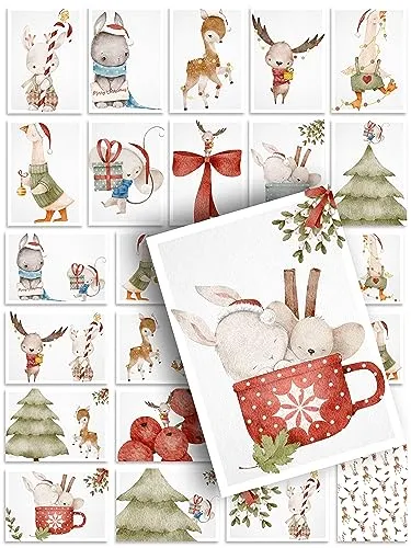 Spielefabrik Weihnachtskarten 24 Stück Postkarten Tierisch Niedlich Boho Deko Design Illustration schöne süße Weihnachtspostkarten Weihnachten Xmas Set Mix Geschenk Grußkarten Geschenkkarten