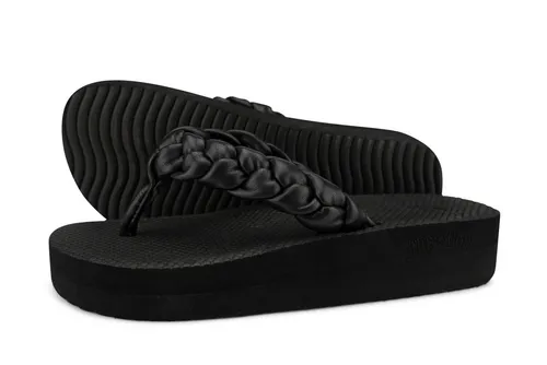 Damen Sandalen Comfy*Weave - Schwarz, Größe 36 EU - Sandalen mit weicher Sohle und veganen Lederstraps, rutschfester Wellenprofilsohle und bequemem Fußbett für höchsten Tragekomfort.