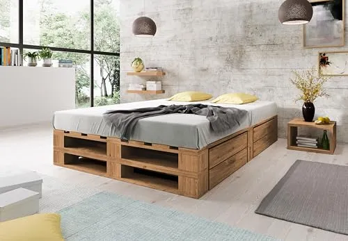 Lermowood Palettenbett M2 aus Holz 140 x 200 cm Eiche mit Lattenrost und 2 Bettkästen Holzbett 40cm Stabiles Seniorenbett Kinderbett Jugendbett Gästebett erhöhtes Bettgestell Futonbett Komforthöhe