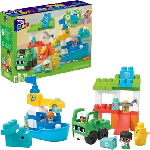 MEGA BLOKS Green Town Ozean-Reinigungsteam - Vorschul-Bauset mit 70 großen Bauklötzen, Boot und Truckbasis, 3 Fahrerfiguren und umweltfreundlichem Lernspielzeug für Kinder ab 1 Jahr, HPB49
