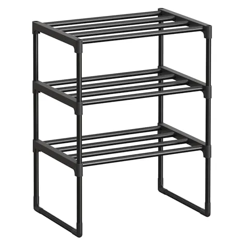 SONGMICS Schuhregal 3 Ebenen, Metall, stapelbar, 42.5 x 30 x 54.5 cm | Schuhaufbewahrung, aufrecht oder umgedreht, für 5-10 Paar Schuhe, Flur, Tintenschwarz, DEKY Kollektion LSA003B01