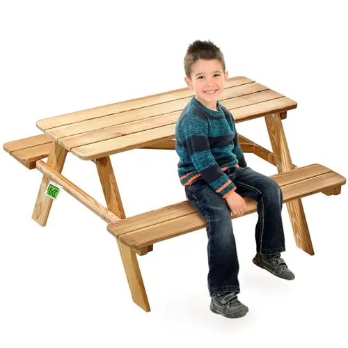 KADAX Kinder-Picknicktisch mit Bänken - Kinderzimmertisch & -stuhlsets - Sicheres und kreatives Picknick-Set aus Holz, ideal für den Garten, mit einer Gesamtbelastbarkeit von 60 kg und kinderfreundlichem Design.