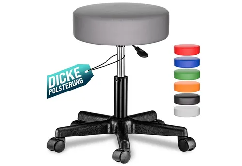 Rollhocker mit Rollen Kunstleder Grau - 360° drehbar & höhenverstellbar - Bürostühle mit extra dicker Polsterung (10 cm) für höchsten Sitzkomfort. Ideal für flexible Arbeitsumgebungen, stufenlos höhenverstellbar von 46 bis 60 cm, mit 360° Drehfunktion und robusten Rollen.