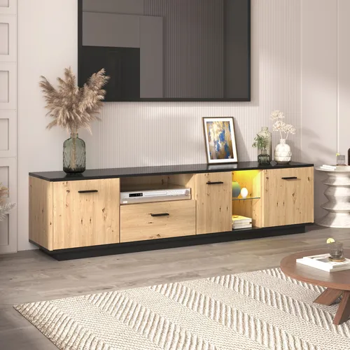 Merax TV-Lowboard „Dike“ mit LED-Beleuchtung - Eleganter TV-Schrank in Holzoptik mit LED-Beleuchtung in 15 Farben. Bietet großzügigen Stauraum durch drei Schubkästen und offene Fächer. Ideal für Wohnzimmer, Schlafzimmer oder Büros. Maße: 180 x 40 x 45 cm.