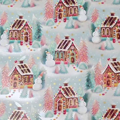 Weihnachtsgeschenkpapier 70cm x 2m Rolle Lebkuchenhaus & Schneemann - Geschenkpapier mit Motiv für Weihnachten - Geschenkpapierrolle mit Weihnachtsmotiv - Weihnachtspapier neutral Türkis pastell