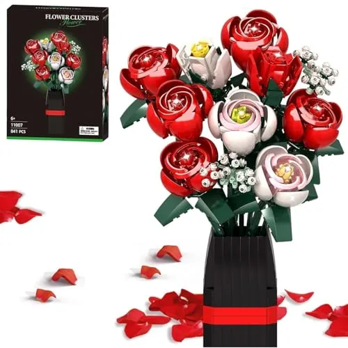 KOJAYHOL Valentinstag Rosen Blumenstrauß Bausatz mit Vase, 841 Stück Blumen Baustein DIY Blumenstrauß Set für Geschenke für Muttertag, Weihnachten, Valentinstag, für Haus und Bürokünstliche Pflanzen
