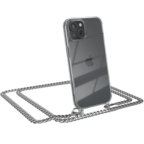 Produktbild EAZY CASE Handykette kompatibel mit iPhone 15 Handyhülle mit Metall Umhängeband und Ersatz Kordel schwarz, Handykordel mit Schutzhülle, Stylische Kette, Metall - Silber