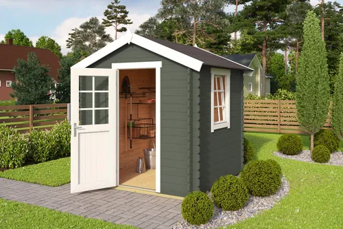 Lasita Gartenhaus Blockhaus Wels 1 - Satteldach 28 mm - Gartenhaus mit robustem Blockbohlenbau, 9 m³ Rauminhalt und abschließbarem Design. Ideal für Gartenlagerung oder als Rückzugsort.