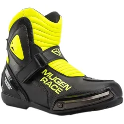 MUGENRACE Hurry perforierte Motorrad Stiefel, schwarz-gelb, Größe 41 - Robuste Motorradstiefel mit kurzem Schaft und Knöchelschutz, ideal für Fahrten bei warmem Wetter. Wechselbare Metall-Zehenschleifer sorgen für zusätzliche Langlebigkeit.