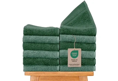 Hausfelder Gästehandtücher Farbmix 12er Set - Dunkelgrün/Hellgrün - Saunahandtücher aus 100% Baumwolle, weich und saugfähig, ideal für Sauna, Camping oder Urlaub. Mit praktischen Aufhängeschlaufen und bei 60°C waschbar.