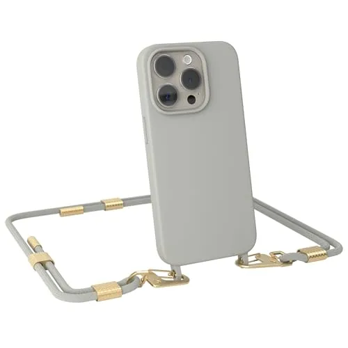 EAZY CASE - Handykette mit Karabiner kompatibel mit iPhone 15 Pro - Hülle Silikon Fallschutz Handyhülle für iPhone 15 Pro Kette zum Umhängen Schutzhülle mit Mikrofaser in Taupe - Clips Gold