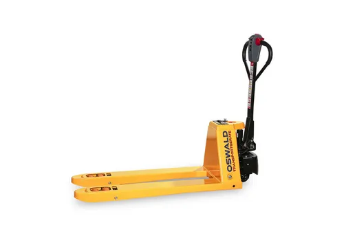 OSWALD Elektrohubwagen E20 Li-Ion - 2000 kg - Vollelektrischer Hubwagen mit 2 Tonnen Traglast und schnellem Akkuwechsel. Ideal für effizientes Arbeiten im Lager und Transport von Waren.