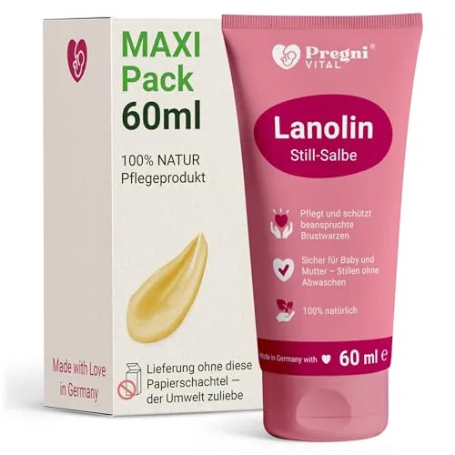 Lanolin Brustwarzensalbe Stillen [60 ml] MAXI-Pack - PregniVital® Stillsalbe für stillende Mütter bei beanspruchten, trockenen und empfindlichen Brustwarzen - Hypoallergen, ohne Duftstoffe