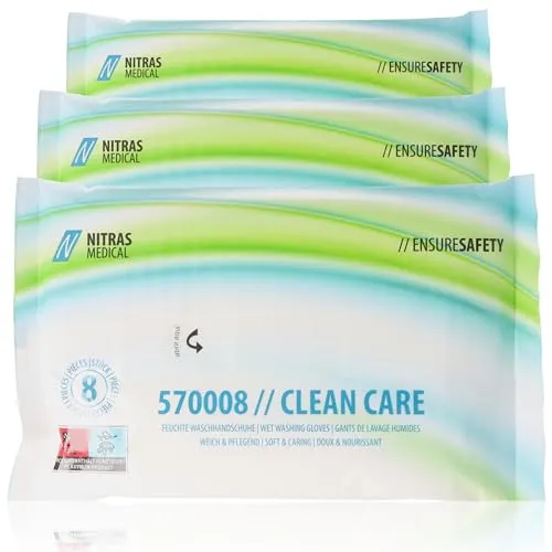 Nitras Clean Care Feuchte Einmal Waschhandschuhe mit Aloe Vera & Kamille für Gesicht, Körper, Hände - 8 besonders weiche & erwärmbare Tücher Größe 23 x 14 cm (3)