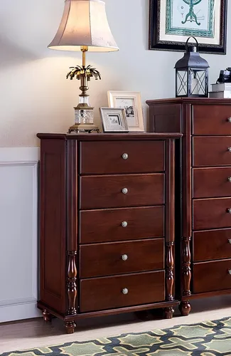 Luxus Kommode mit 5 Schubladen aus Massivholz - Elegante Kommode im Art déco Stil, ideal für Schlafzimmer oder Wohnzimmer. Mit 5 geräumigen Schubladen und stabiler Bauweise. Maße: 74 x 46 x 113 cm, freistehend und sofort einsatzbereit.