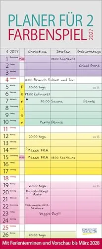 Farbenspiel - Planer für 2 2027: Familienplaner mit 3 breiten Spalten. Familienkalender mit farbigen Wochen, Ferienterminen, Vorschau bis März 2027.