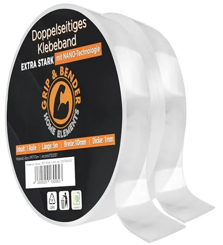 Doppelseitiges Klebeband - Nano Tape Doppelseitig Transparent und Extra stark – Spurloses Nano Klebeband – Multifunktionales Rutschfestes Nanotape extra dünn (1mm) (2 x 5 Meter (10mm Breite))