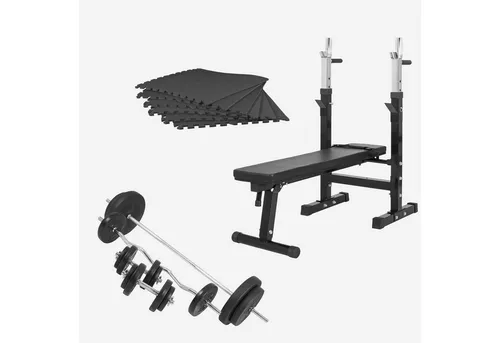 GORILLA SPORTS Hantelbank Komplettset 100kg mit Dip-Station - Hantelbänke mit klappbarem Design, inklusive Hantelset und Schutzmatten für effektives Krafttraining zu Hause.