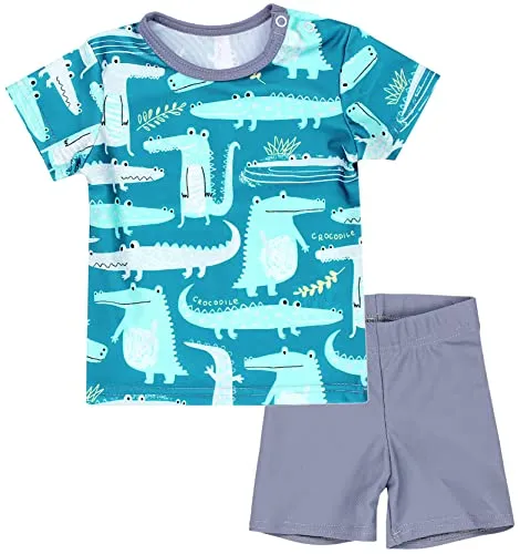 Aquarti Baby Jungen Bade-Set Zweiteiliger Kinder Badeanzug T-Shirt Badehose UV-Schutz, Farbe: Krokodile Blau/Grau, Größe: 92