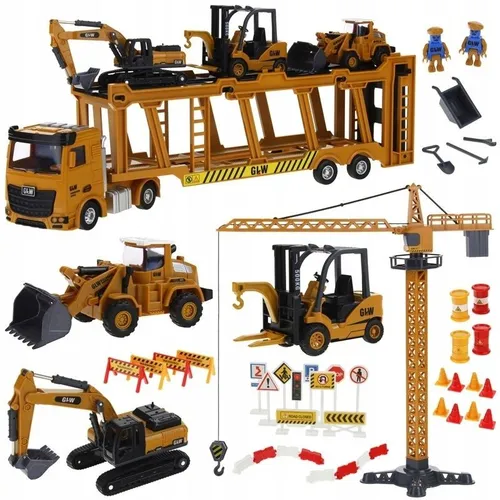 Baustellenfahrzeuge Set Lkw Tieflader Bagger Betonmischer Kran mit Zubehör